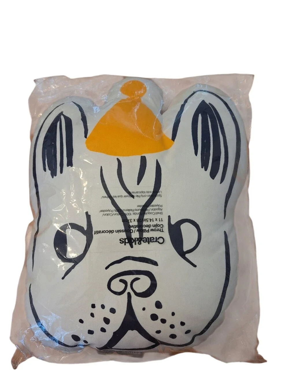 Crate and Barrel Frenchie Bull Dog Decorative Throw Pillow Blue White Yellow New